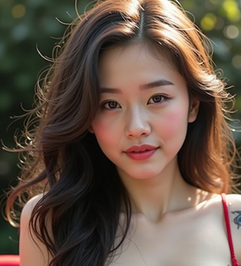 Chinese girl, white skin, shaggy breasts, big breast, 2, shy smile, thick body, sexy body, curvy waist, sunny morning, milky white skin, a butterfly tattoo on the shoulder back, a big flower tattoo on the thigh, there is a text tatoo says "Thasya" on the lower arm, sexy gown, lying prone, lying face down, on the red sofa, spread the legs, nakeness, full body, beautiful nail arts, thin pubic hair, wide open her legs, black hair, straight hair, sexy toe, camera from bottom, full body from toe to head, full body on frame