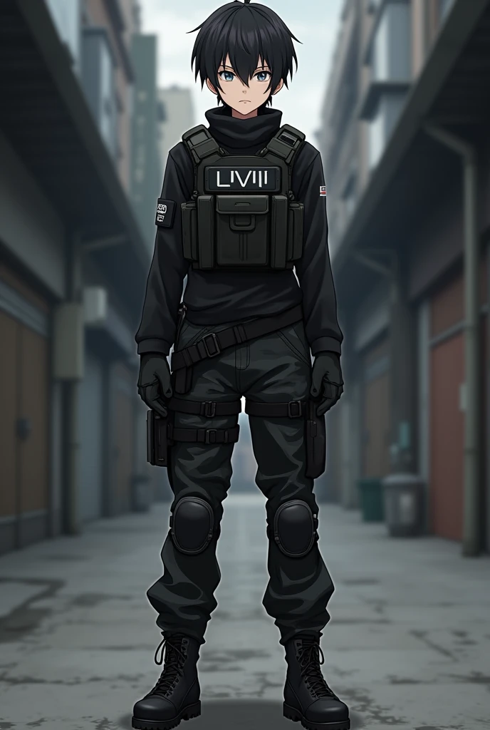 Male, Anime, 16-year old, black hair, faired skin, emotionless look, black tactical boots, black camo-pattern pants, black long-sleeved shirt, black kevlar vest, black knee pads,