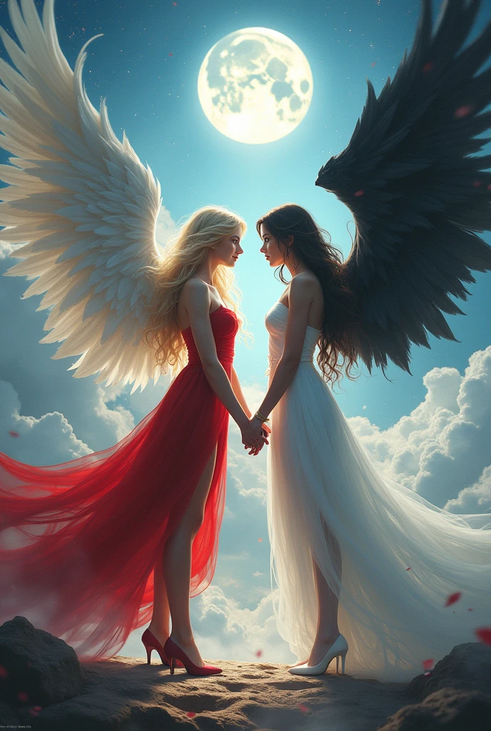 (highest quality, masterpiece, High resolution), 16K, fantasy art, RPG art a picture of (((2 women))), BREAK a (1female angel: 1.3) , wearing dress, pale skin, best details beautiful face , (blond: 1.2) hair, long hair wavy hair (blue: 1.1) eyes, high heeled boots, wearing a dress, large angelic wings, (white: 1.2) angelic wings spread BREAK ((AND)) a (1female demon: 1.3), (red: 1.2) skin, demonic wings, (black: 1.1) demonic wings spread, demonic horns, (red: 1.1) skin, black hair, red eyes, best details beautiful face, wearing a dress, high heels, in the border between heaven and hell, moon, stars, clouds, god rays, soft natural light silhouette, dynamic angle, photorealism, panoramic view (Masterpiece 1.3, intense details) , Wide-Angle, Ultra-Wide