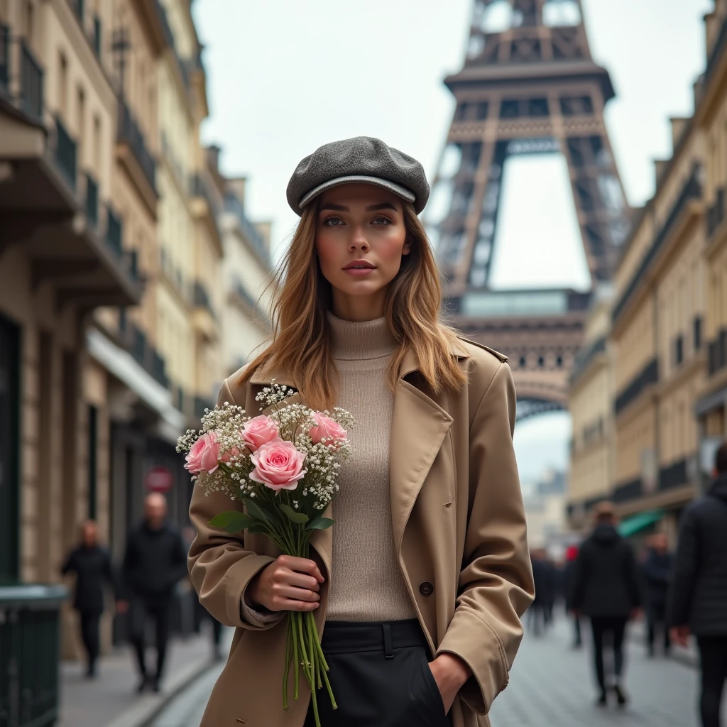 A 19-year-old woman standing on a street in Paris with the Eiffel Tower in the background, dressed in a chic streetwear outfit with a beret, oversized coat, and fitted trousers. She’s holding a small bouquet of flowers, with the Eiffel Tower adding a romantic Parisian touch to the scene