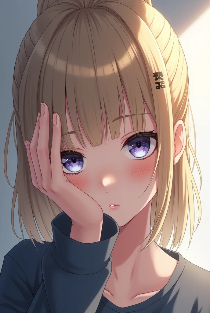 realistic anime youth girl, straight blonde hair tied in ponytail, Light violet eyes with light blue undertones, hiding his face on the left side with his hand