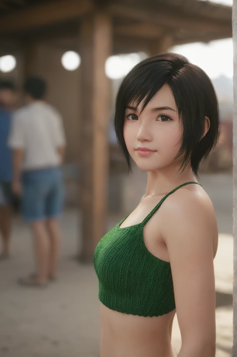 (yuffie_kisaragi),((a girl)),(16yo:1.3),hyperrealistic portrait,((Cowboy Shot)),sharp focus, depth of field ,blur background, bokeh ,Cinematic lighting,detailed face,(flat chest:1.4),Off Shoulder Bikini,Crochet-Bikini,random pose,touch hair,Half Smile,((beach)),(photo realistic,perfect anatomy:1.3),(hyper detailed, masterpiece:1.2), best quality,RAW photo, exquisite, beautiful 