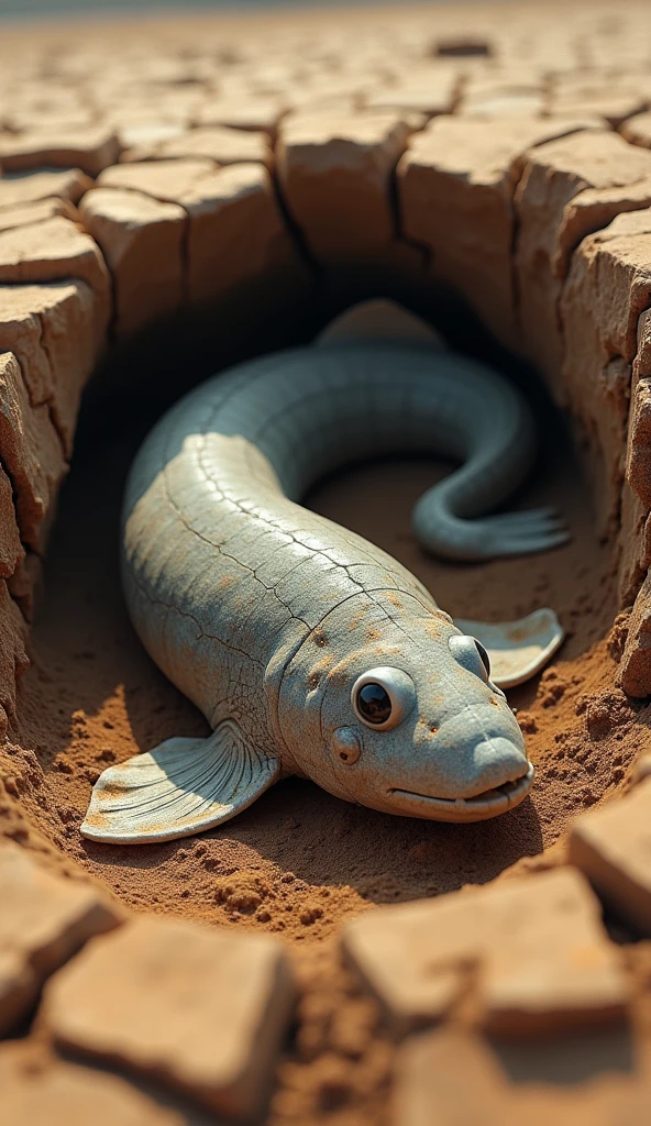 Create an image of a lungfish burrowed into the ground, surviving without wat 4k