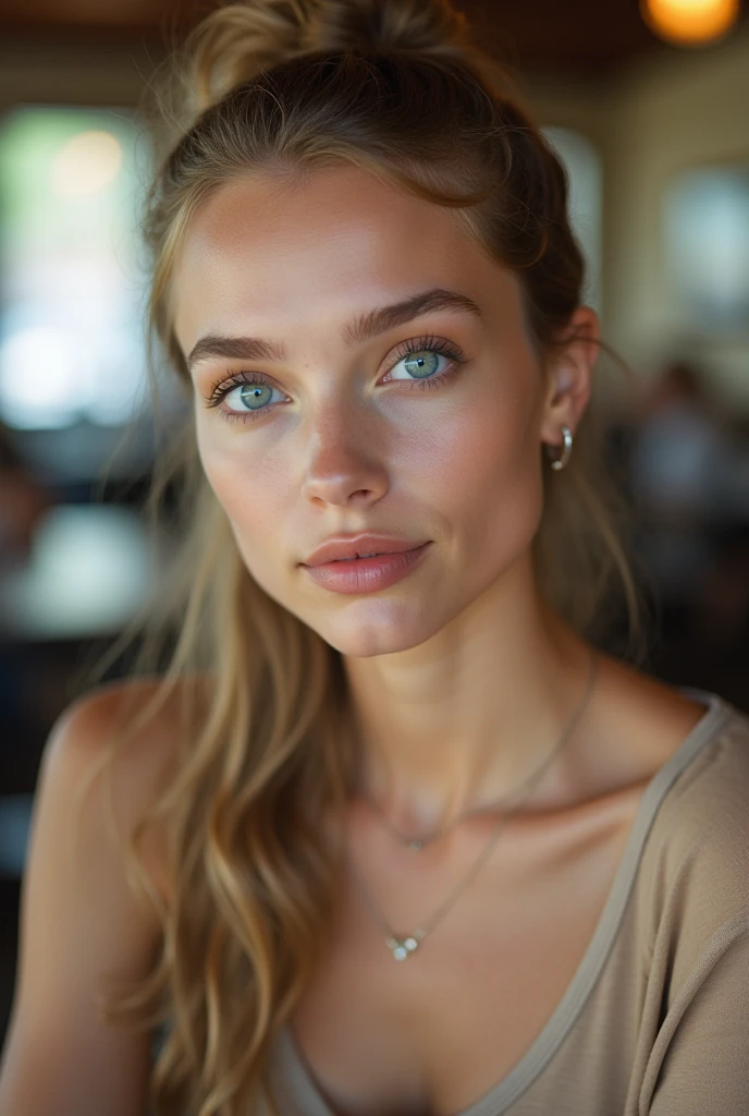 Realistic photographic portrait of a young woman with delicate and proportioned features: sharp face, blue eyes, small and profiled nose. With natural blonde hair, tied back, she takes the photo realistically, as if it was made with a Sony alpha 77 DSLR camera. With light from the front, body from the front. face from the front looking at the camera from the front. waiting for dinner sitting at a table in a cafeteria.