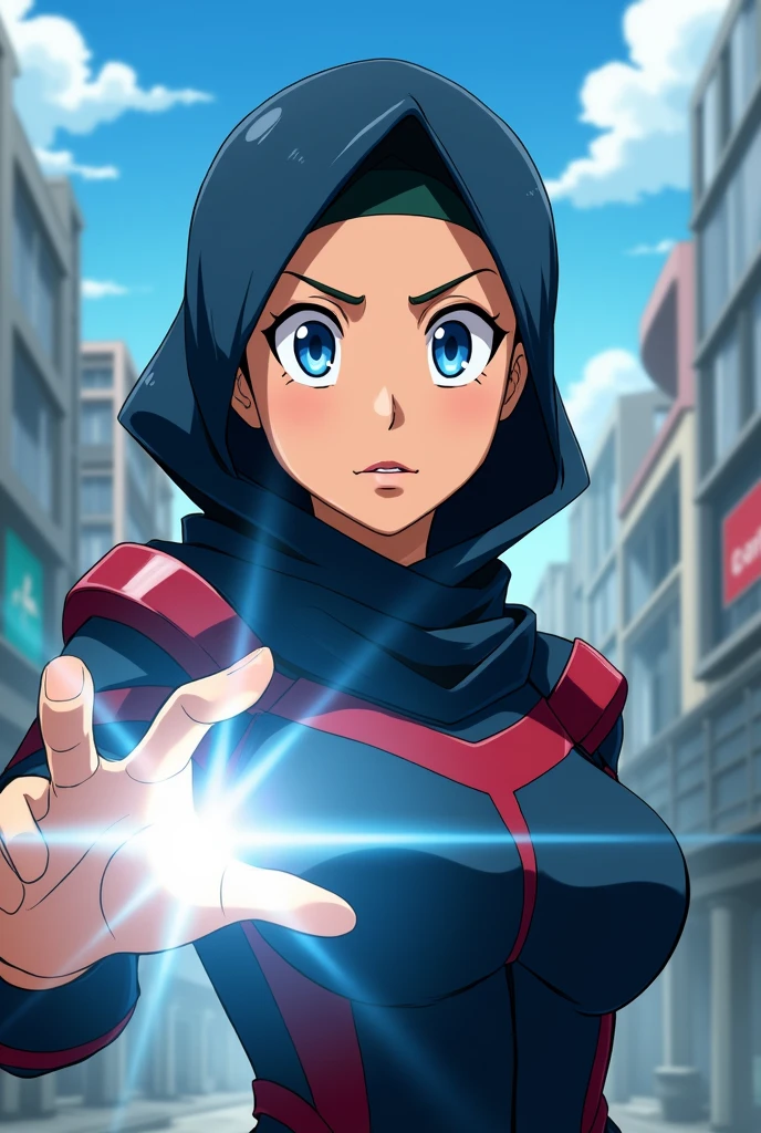 From My Hero Academia, anime, a muslim lady, wear hijab, a hero, blue eyes 