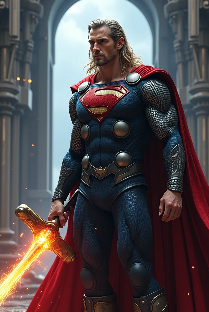 Create a realistic and epic image of a fusion between Thor and Superman. The character should have:

Face: Combine Thor's rugged and powerful features with Superman's strong and noble expression, blending their facial traits to create a heroic and godlike appearance.

Hair: Merge Thor's long, flowing blonde hair with Superman's iconic short black hair, resulting in a unique hairstyle that reflects both characters.

Attire: Design an outfit that (((combines ))) (((Thor's Asgardian armor with Superman's Kryptonian suit))). The outfit should feature (((elements))) like (((Thor's cape and armor))), mixed with (((the “S” symbol on the chest and Superman's red and blue color scheme))), creating a regal and powerful look.

Weapons and Powers: (((Integrate))) Thor's (((Mjolnir))) (or Stormbreaker) with Superman's iconic powers like heat vision and super strength. The weapon could have a glowing emblem, reflecting the energy of both (((characters.)))

Setting and Pose: Place the character in a grand, (((mythical))) setting, such as a mix between Asgard and the Fortress of Solitude. Pose the character in a commanding stance, showcasing their godlike strength and presence.

Style: Maintain a realistic style that captures the (((essence of both))) (((Thor and Superman))), emphasizing their combined power and (((heroic aura.)))

