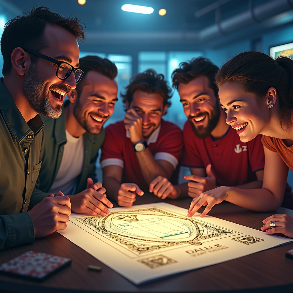 A scene depicting a group of people, fans or sports analysts, gathered in a lively discussion. In the center, a projected image or a drawing of the amulet, with expressions of curiosity, amazement, and speculation on their faces in dall e-3 style 