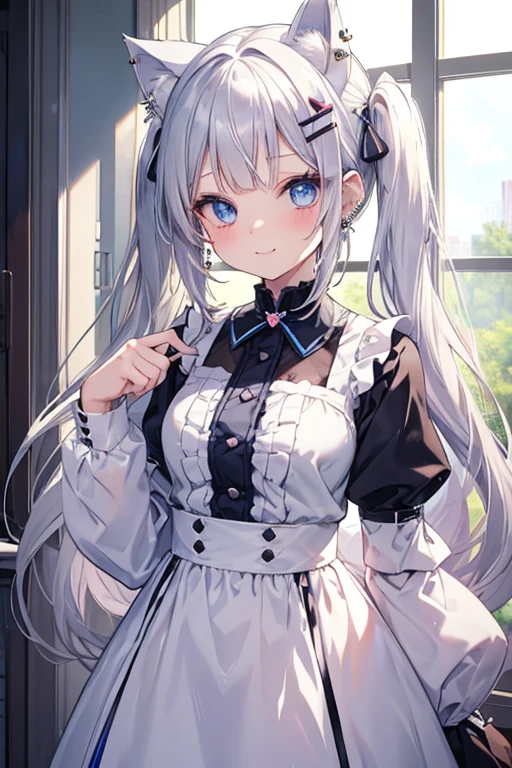 Silver-haired blue eyes、girl、small breasts、twin tails、Nico Nico Smile、Appearance about 、Petan Musume、cute modest clothes、accessories、ear piercings、Cute hairpins、hair ornaments、Like a girl、looks seductive、Cat ears