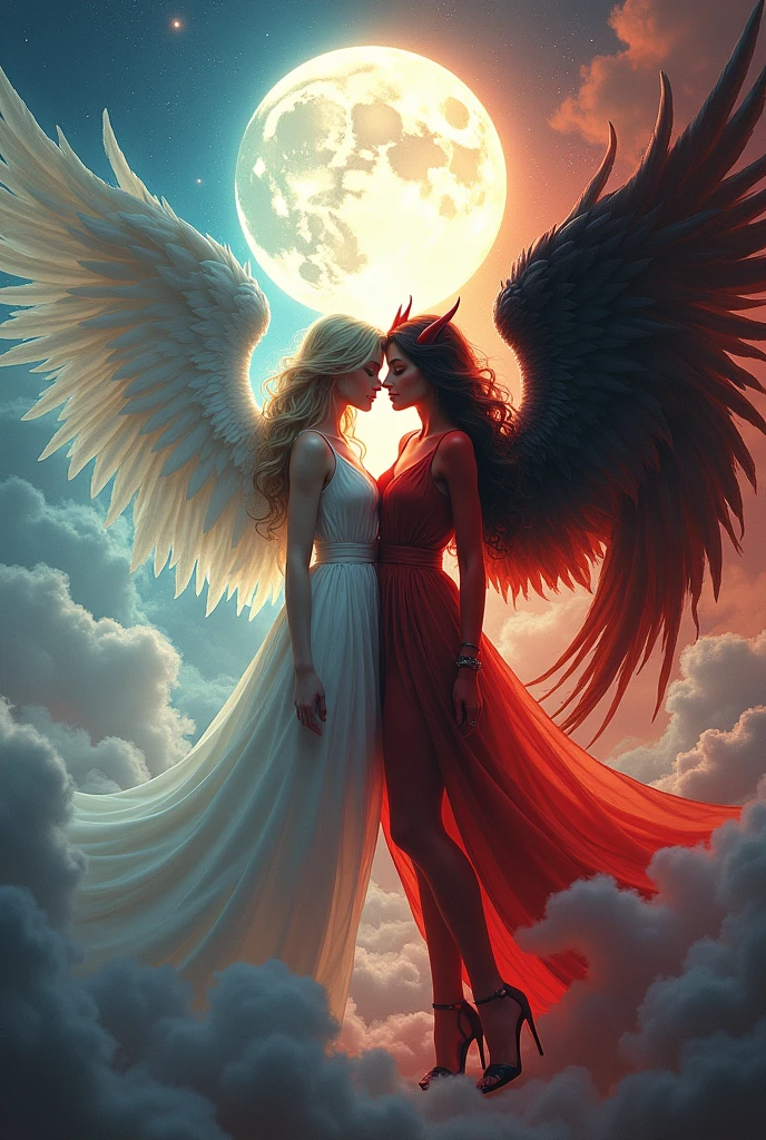 (highest quality, masterpiece, High resolution), 16K, fantasy art, RPG art a picture of (((2 women))), BREAK a (1female angel: 1.3) , wearing dress, pale skin, best details beautiful face , (blond: 1.2) hair, long hair wavy hair (blue: 1.1) eyes, high heeled boots, wearing a dress, large angelic wings, (white: 1.2) angelic wings spread BREAK ((AND)) a (1female demon: 1.3), (red: 1.2) skin, demonic wings, (black: 1.1) demonic wings spread, demonic horns, (red: 1.1) skin, black hair, red eyes, best details beautiful face, wearing a dress, high heels, in the border between heaven and hell, moon, stars, clouds, god rays, soft natural light silhouette, dynamic angle, photorealism, panoramic view (Masterpiece 1.3, intense details) , Wide-Angle, Ultra-Wide