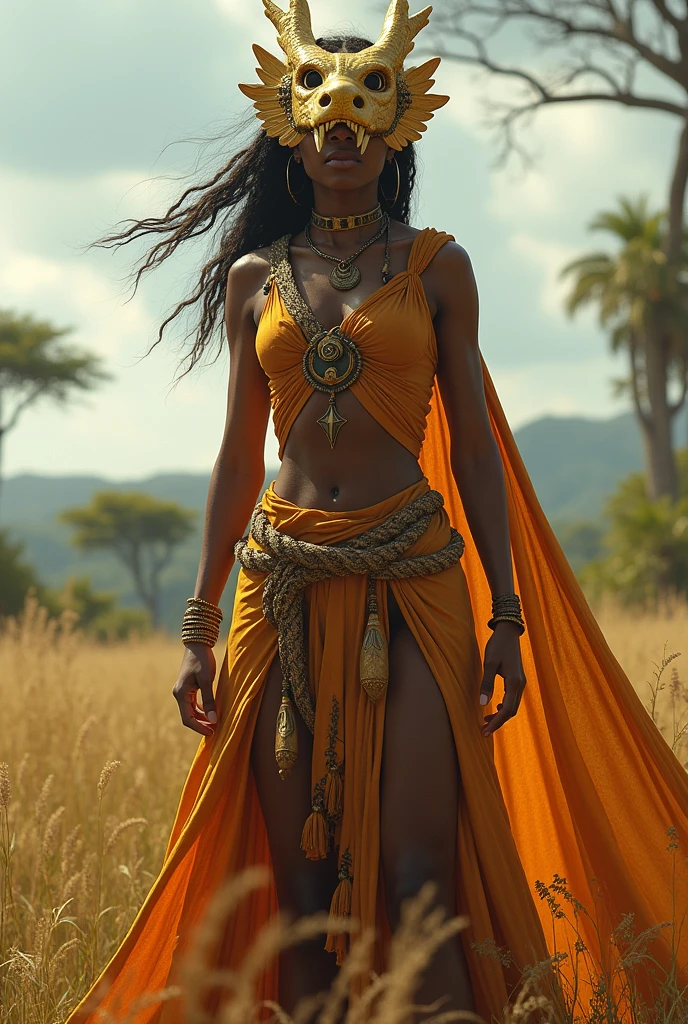 fantasy priestess woman-amazon with golden dragon’s mask on her head in savanna dress