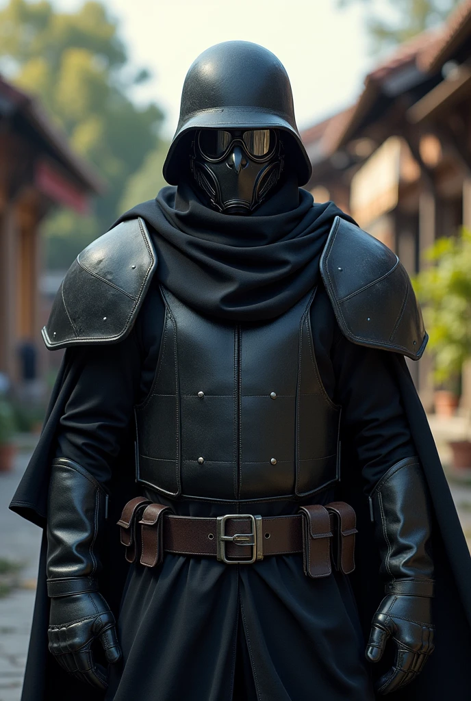 A man wearing a black cloth outfit, his face completely covered by an iron mask with glasses, wearing an M35 helmet, and wearing a sun-protective cloak.

Set in Hometown.