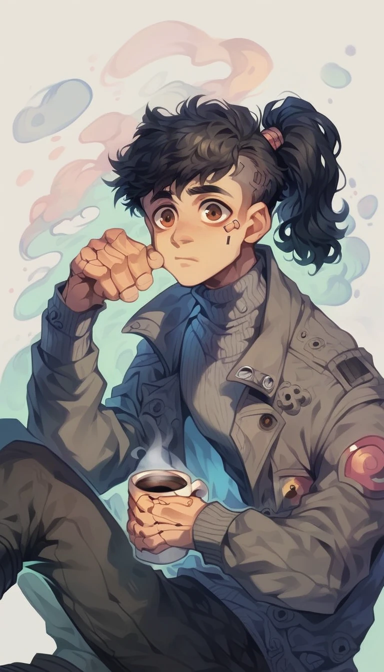 (detailed), (((normal guy))), (Arabic characteristics), ((gray wool jacket)), ((pelaje negro rizado Ponytail hairstyle)), ((Ponytail hairstyle)), (calm face), ((by the width)), ((coffee boots)), (((whole body))), ((In a cyberpunk room)), ((male)), (gray turtleneck sweater), ((only one person)), (at night), atmosphere of terror, ((Brown eyes)), In the dark, ((black fur)), ((human))