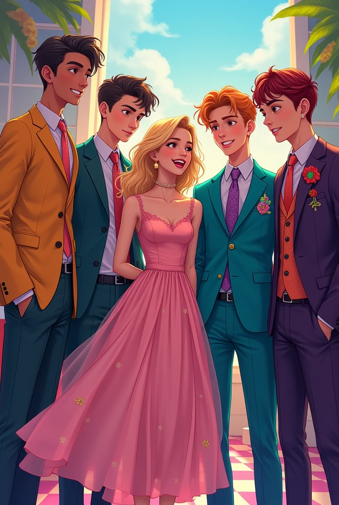 Create a image, four boys with one girl, chill seen on party, happy importations,
Beautiful girls
Girls Wear a beautiful dress
Boys wear very interesting suits
