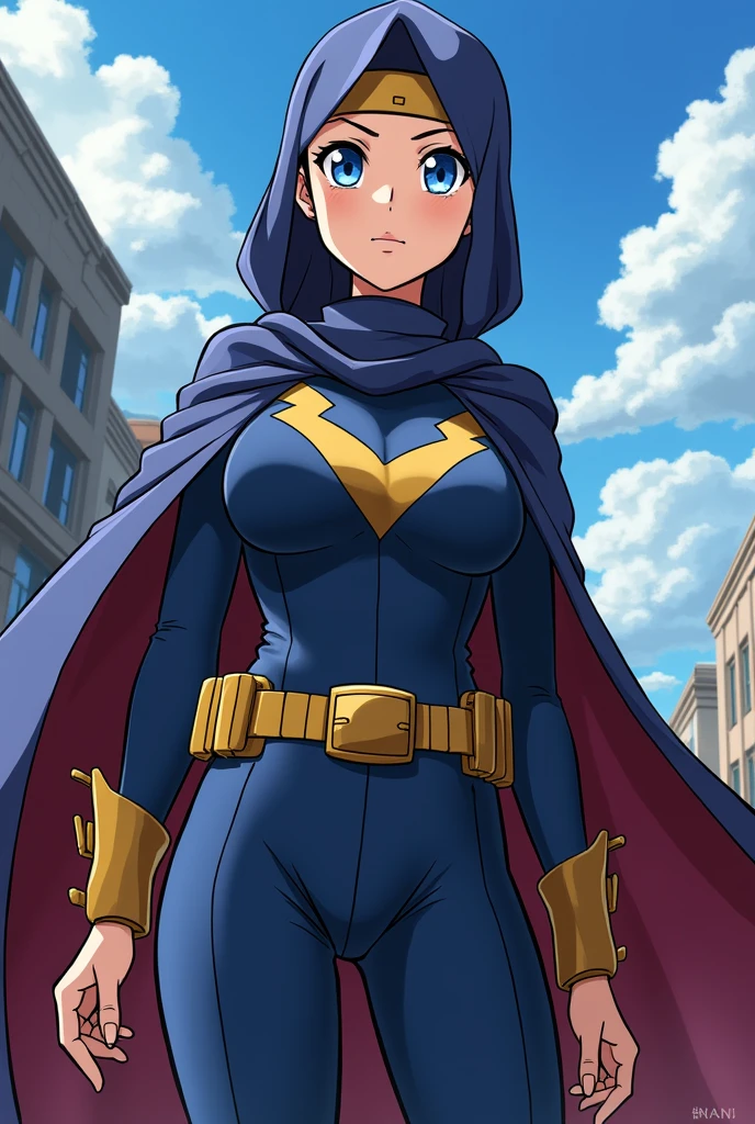From My Hero Academia, anime, a muslim lady, wear hijab, a hero, blue eyes, wear oversized clothes