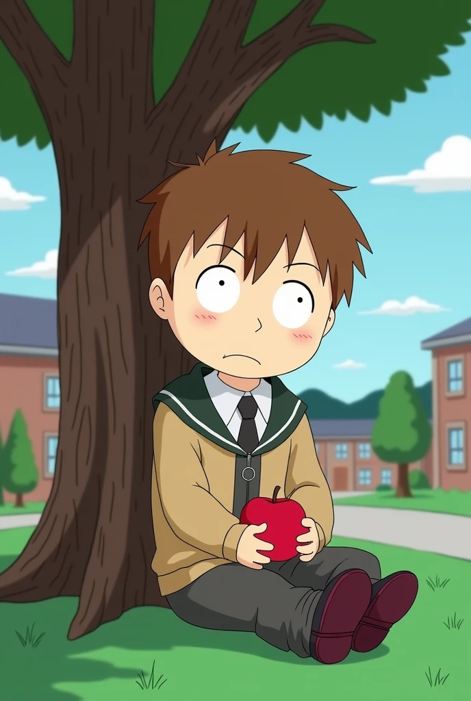 Light brown hair, slightly chubby face, one eye is red and the other is light brown, Eric Cartman is a man , He is a 16 year old boy, his face is normal, Her hair is straight and quite flat, cut around his head without much volume, profile or semi-coastal , with school uniform, normal expression, pose sitting under a tree while crossing his legs holding an apple in his hand in front of him, that looks like it&#39;s in high school