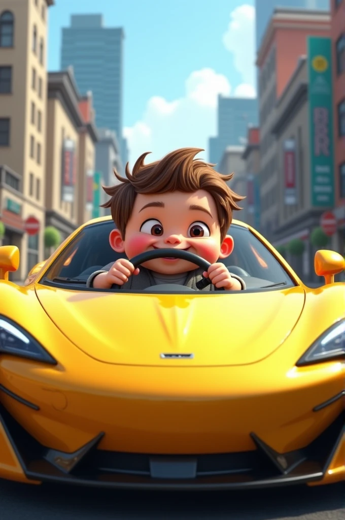Draw me a picture , chubby boy drives a yellow supercar