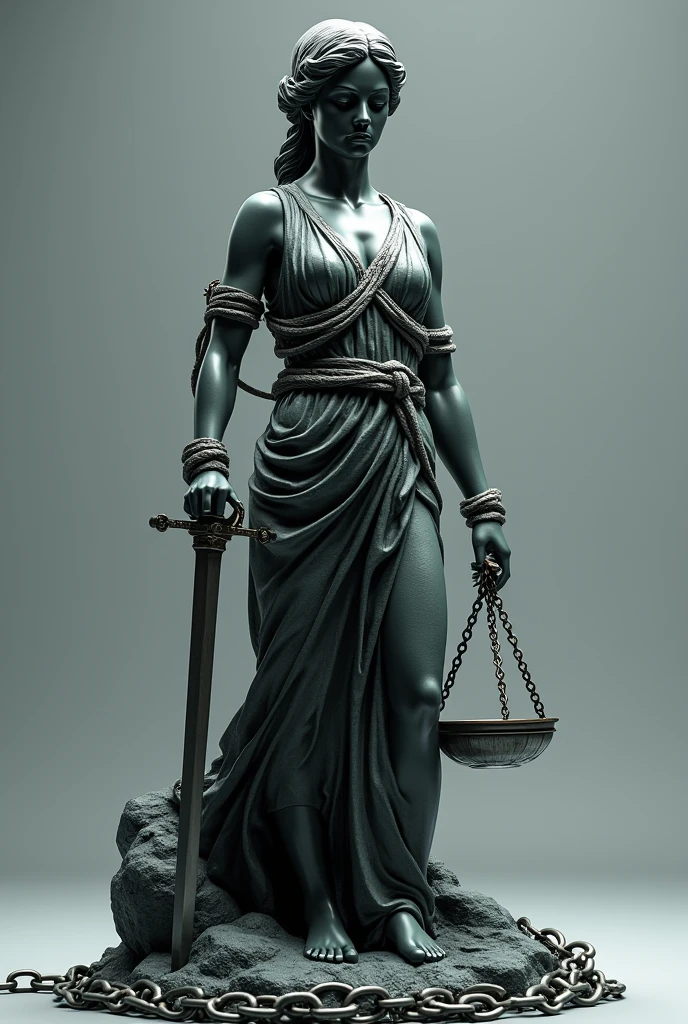 Draw a picture of a statue of justice wrapped around a chain with the right hand holding a scale that is not balanced, the statue of justice had its eyes closed and its left hand held a sword.