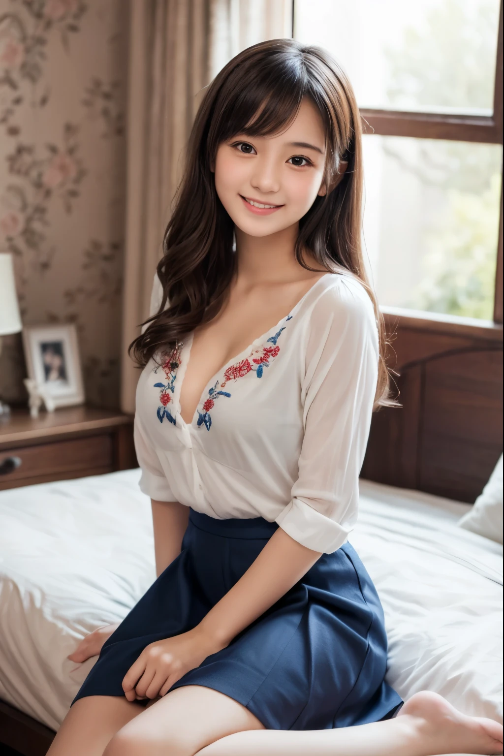 ung girl,very cute and beautiful japanese teenress,highly detailed beautiful face,
looking at viewer,smile,happy,beautiful legs,solo,cleavage,
white blouse,kawaii navy blue skirt with intricate detailed floral embroidery,
cute girly room background,real person,photorealistic,8k,raw photo,