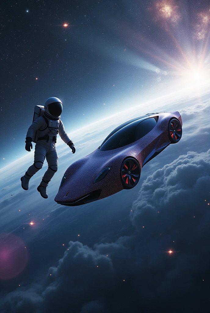 a man in space with a car satellite 