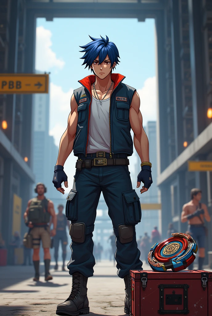 Create an image of Tyson from beyblade classic series as cosplay set in pubg lobby having dragoon as loot crate near him