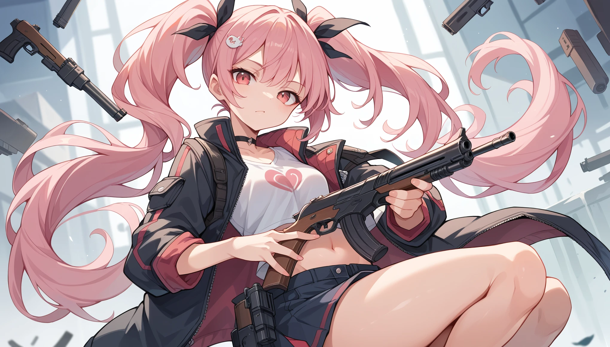 Highest quality,One person,Pink Hair,Twin tails,Different world,Shoot a gun