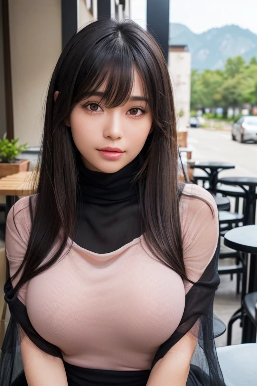((Mature woman sitting in front of a cafe)),((No sleeve, Sheer turtleneck shirt、Lots of debris、You can see the valley:1.3)). 40k, photograph, masterpiece, Highest quality, Dark Gray Background, ((beautiful girl)), ((Ample breasts)), perfectionな顔, perfection , ((Big Breasts)), ((茶色の目と美しい明るいBlack Hairの1人)). Beautiful Japanese Women,very, Soft breasts and white skin, ((Very soft breasts)). Highly detailed face, fine grain, Embarrassing, smile, summer, Daytime, Half Body, (Golden ratio face、plump lower lip、Pink Lips:1.4)、fine grain、Detailed nose、Fine ears、Wet and glossy lip detail、cloud, Color Stone Necklace, (Big Breasts:1.4),(CG Unity 8k high resolution wallpaper), Complex, Attention to detail, Sharp focus, dramatic, beautiful girl, (Black Hair、Blunt bangs, The forehead is hidden by the bangs:1.4)