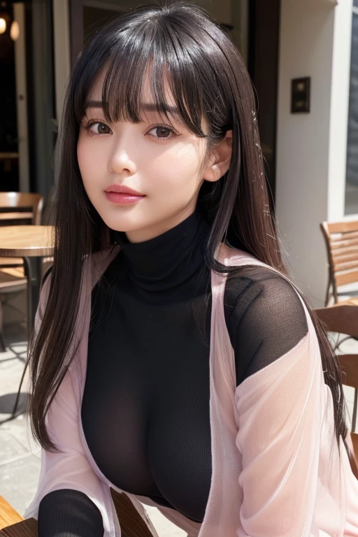 ((Mature woman sitting in front of a cafe)),((No sleeve, Sheer turtleneck shirt、Lots of debris、You can see the valley:1.3)). 40k, photograph, masterpiece, Highest quality, Dark Gray Background, ((beautiful girl)), ((Ample breasts)), perfectionな顔, perfection , ((Big Breasts)), ((茶色の目と美しい明るいBlack Hairの1人)). Beautiful Japanese Women，very, Soft breasts and white skin, ((Very soft breasts)). Highly detailed face, fine grain, Embarrassing, smile, summer, Daytime, Half Body,  (Golden ratio face、plump lower lip、Pink Lips:1.4)、fine grain、Detailed nose、Fine ears、Wet and glossy lip detail、cloud, Color Stone Necklace, (Big Breasts:1.4),(CG Unity 8k high resolution wallpaper), Complex, Attention to detail, Sharp focus, dramatic, beautiful girl, (Black Hair、Blunt bangs, The forehead is hidden by the bangs:1.4)