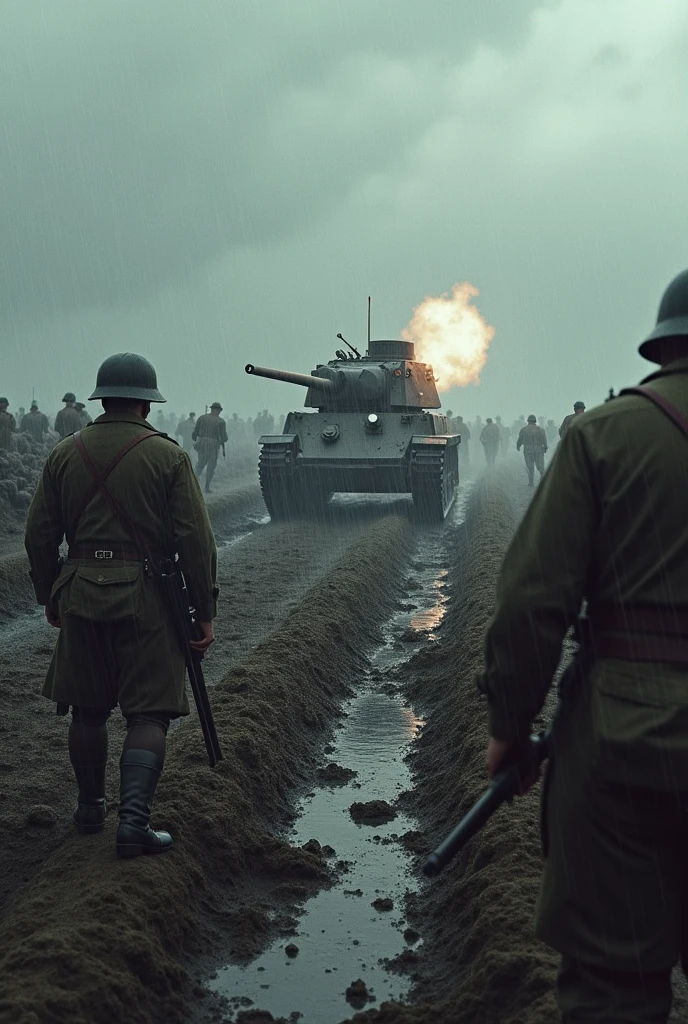 In war torn no man lands place, there is a raid war going on between french and germans from ww1. The weather is rainny mud is muddy moldy, some solider are dead into the mud, Germans are raiding french trenches, there are fire back from french trenches clearly high lighted machine gun muzzel flashes and tracer rounds hitting German soilders. Some soilders are in close combat. There is mark 1 tank of french from ( All quite on westron front( Movie), KILLING soilder mercilessly