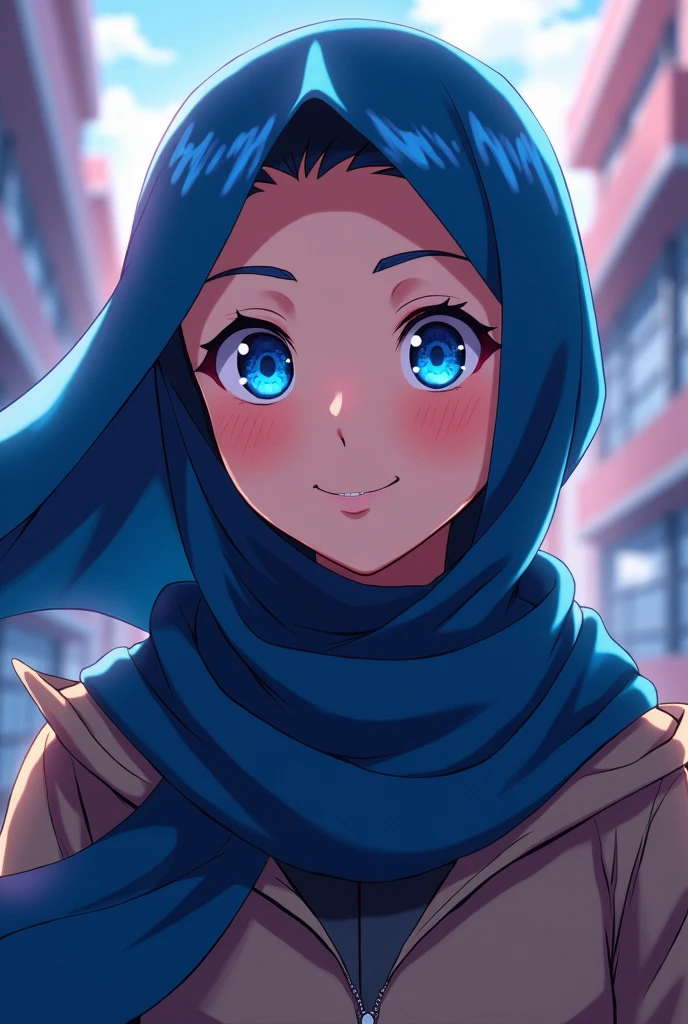 From My Hero Academia, anime, a muslim lady, wear hijab, blue eyes, wear hoodies 