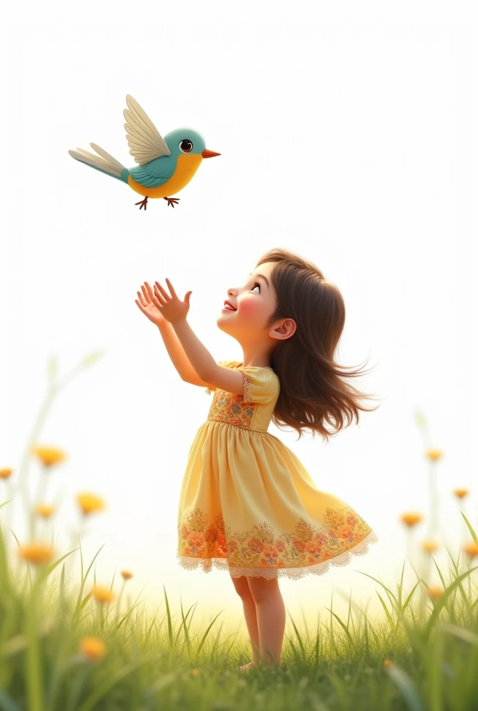 white background,best quality,cute liitle girl standing on grass,she look at the little bird,rais her hands to the little bird,cute little bird flying,cute colorful frock wearing the girl,smiling face