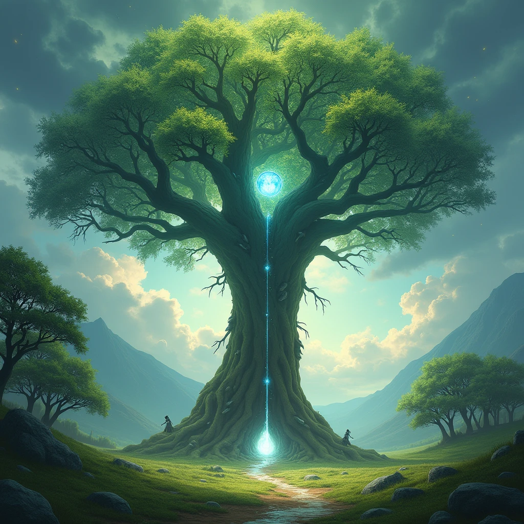 With a fantastic medieval style with a touch of mystery and mysticism, it recreates the following scene: In a large valley of low grass and a few scattered trees, there exists the world tree, in which are the strands of the destinies of all the beings of the world called Solumbra, that majestic tree shines with its living strands from its immense and deep roots to its vast crown, whose branches open and extend beyond the sky and the clouds. It is a dual tree located between a material world, on one side of the veil, and an ethereal and luminous world on the other. In it exist all the colors and creatures.
