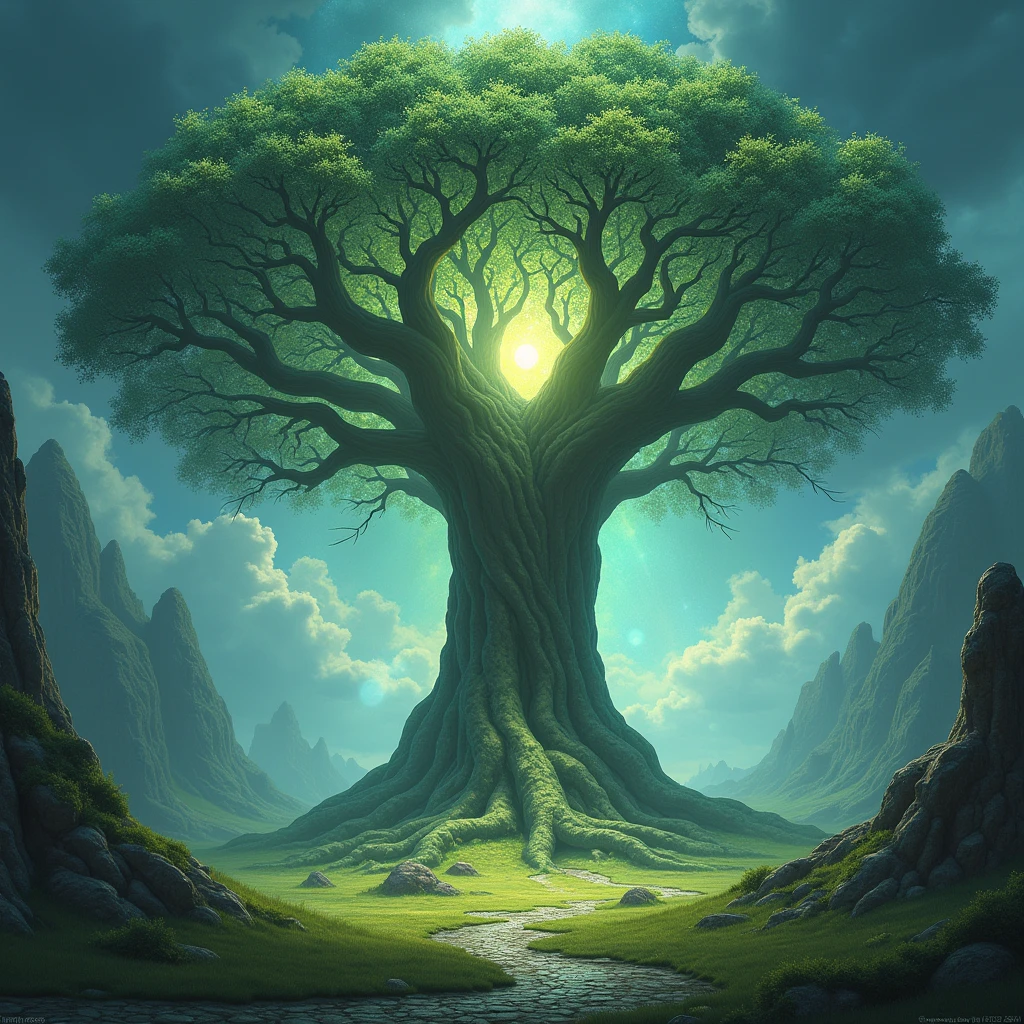 With a fantastic medieval style with a touch of mystery and mysticism, it recreates the following scene: In a large valley of low grass and a few scattered trees, there exists the world tree, in which are the strands of the destinies of all the beings of the world called Solumbra, that majestic tree shines with its living strands from its immense and deep roots to its vast crown, whose branches open and extend beyond the sky and the clouds. It is a dual tree located between a material world, on one side of the veil, and an ethereal and luminous world on the other. In it exist all the colors and creatures.