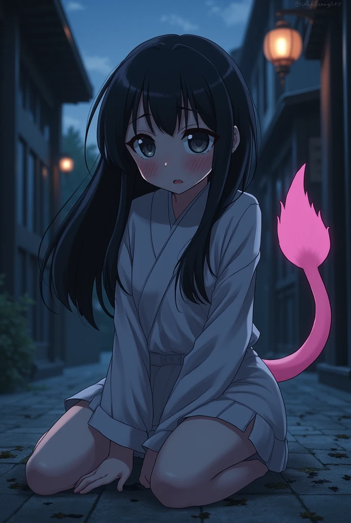 Anime girl getting hurt black hair pink tail hair ??? Japanese girl at night
