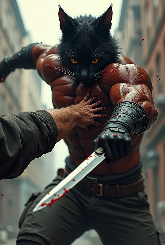 . **Scene 3: Felix Dodging and Slashing**
   - *Prompt*: The muscular figure with a black cat’s head dodges to the side as a thug lunges at him. Felix’s human-like hand, with claws extended, slashes through the thug’s arm, sending a spray of blood. The thug’s face twists in pain, his knife falling from his grip. The scene is intense, with motion blurred to show the speed of the attack.