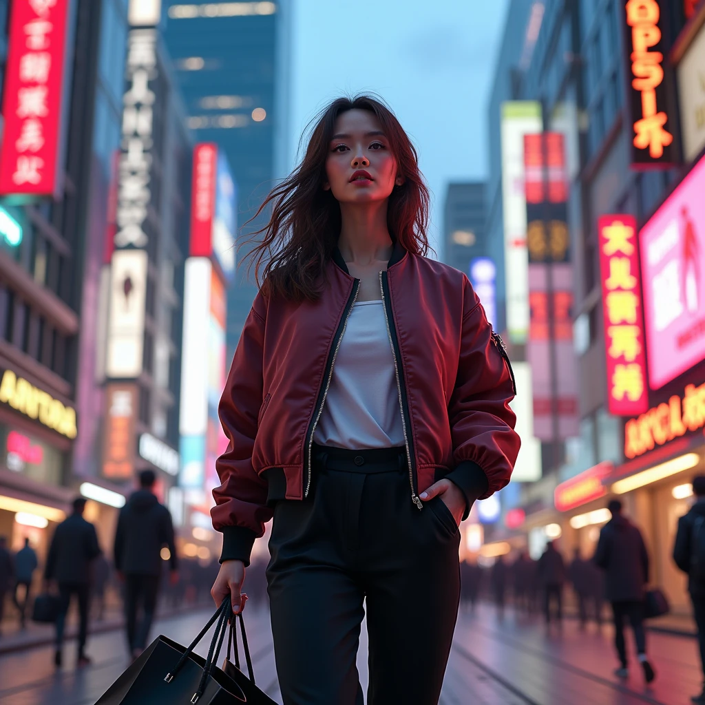 A 19-year-old woman walking through the Ginza District, wearing a modern streetwear outfit featuring a bomber jacket and tailored joggers. She’s holding a shopping bag, as if she’s just finished some luxury shopping, with the bright lights and bustling atmosphere of Tokyo’s fashion district in the background.