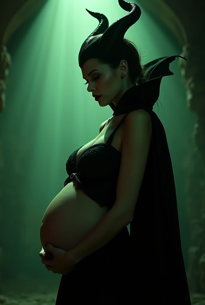 A stunning portrait of Maleficent, She is pregnant, holding her belly, young and beautiful, hyper realistic, real portrait, backlit, exquisite features, cleavage, sexy, seductive, unnatural light, soft light, location is the interior of a dungeon, green light, eerie,