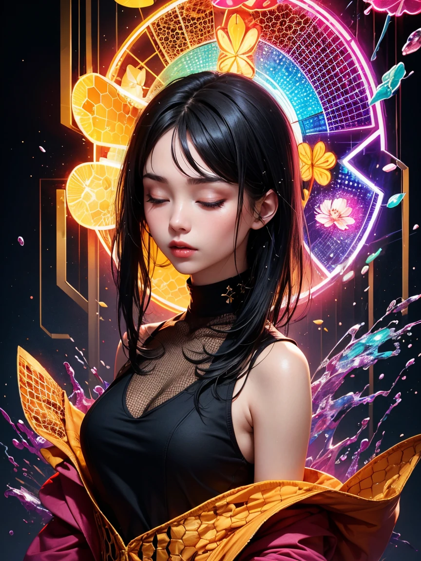 masterpiece,Highest quality,One person,close your eyes,Upper Body,Splash,Abstract,psychedelic,neon,(Honeycomb Pattern),(creative:1.3),sy3,CPA,Fantasy 00d,Long Black Hair