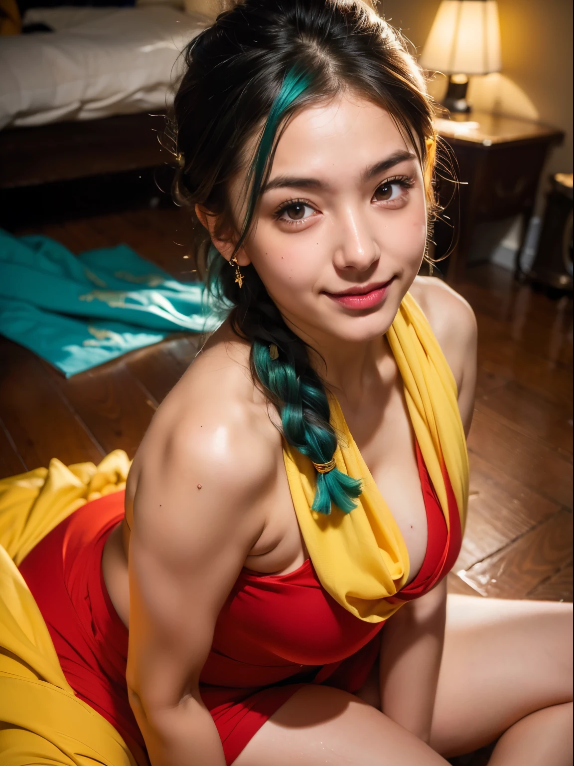 (masterpiece, best quality:1.4), (full body:1.5), (sitting at floor:1.5), 1girl, solo, looking at viewer, sexy smile, (european youth:1), dragon ball, blmshort, (aqua hair:1.3),long hair in one braid, earrings, jewelry, red dress, (red dress:1), medium breasts, yellow scarf, (yellow scarf:1.2), short dress, sleeveless, medium breasts, solo, beautiful face, highly detailed face, highly detailed skin, highly detailed eyes, skin pores, subsurface scattering, realistic pupils, medium breast, full face blush, full lips, detailed background, depth of field, volumetric lighting, sharp focus, absurdres, realistic proportions, good anatomy, (realistic, hyperrealistic:1.4), 16k , nswf, ,  no bra, realistic hands, nude, show vagina, wide open legs, super wet , show nipples, exposure +1.5, soft lighting body.