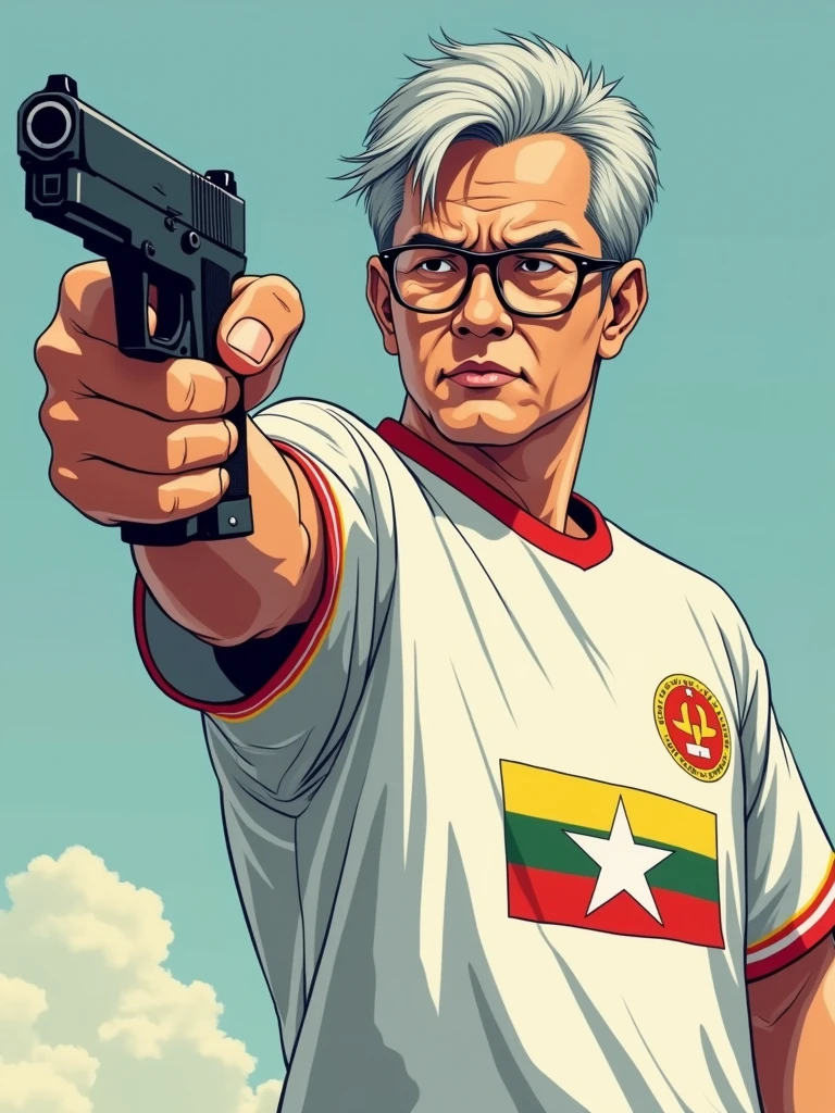 “Vector t-shirt design in manga style featuring a Myanmar man, approximately 3, with gray hair, in a target shooting pose. He is wielding an ‘Air Pistol 10 meters’ in his right hand, extending his arm with focus and precision. The man is wearing a white jersey with a casual design, featuring the Burma logo and a Myanmar flag. He is also wearing prescription glasses. The image captures him in a mid-shot, emphasizing his determined expression and posture. The design should be in an anime art style, with enhanced details to bring out the intricacies of his pose, attire, and the overall scene, creating a dynamic and visually engaging t-shirt design