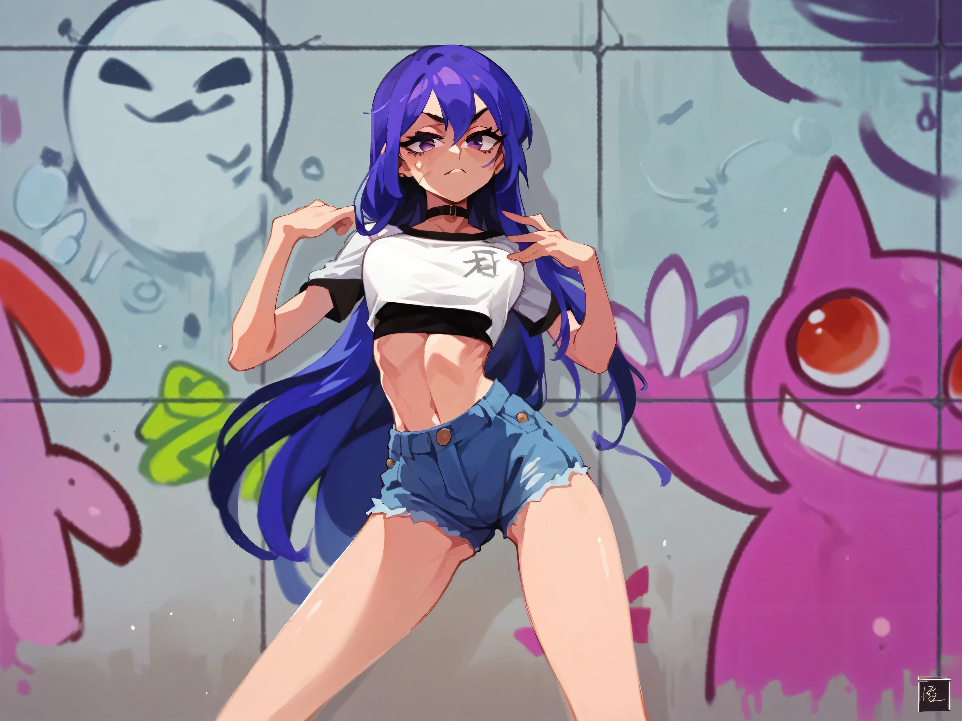 Masterpiece , Excellent quality , high resolution , 1 woman , Long purple Hair , White crop top , Jean Shorts , abdomen , big breasts , Long legs , hands on hips , Graffiti wall
