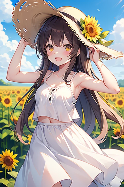 (\shen ming shao nv\),solo, flower, outdoors, hat, long hair, sunflower, smile, day, looking at viewer, sky, open mouth, :d, breasts, sleeveless, bare shoulders, cloud, skirt, yellow eyes, bare arms, collarbone, white skirt, petals, very long hair, yellow flower, bangs, field, blue sky, white dress, sun hat, dress, cleavage, flower field, straw hat, blush, small breasts, crop top, standing, shirt, spaghetti strap, medium breasts, arm up, brown headwear, blurry, hand up, brown hair