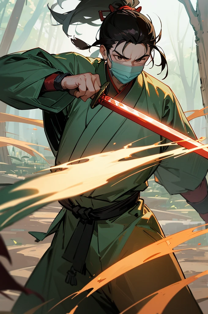 A highly detailed and dynamic image of a young man dressed in traditional Chinese wuxia (martial arts) attire from ancient times. He is locked in a fierce battle with a large, intimidating opponent. The opponent wields a massive sword and wears a face-covering mask, enhancing his menacing presence. The scene is set in a dense forest, with tall trees and shadows adding to the tension and atmosphere. The clash of their weapons and the intensity of their fight are central to the composition, with the natural surroundings amplifying the drama.