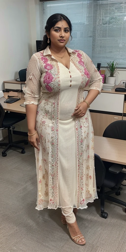 Day scene, A radiant, full-figured South Indian 35 year old aunty a white colour chiffon gown ,standing, in a office captured in a full-body image with vibrant hues and meticulous details. Full body image