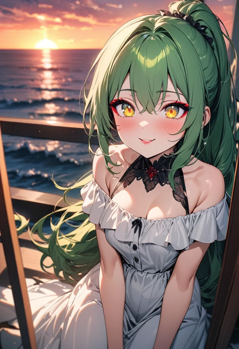 (ecstasy style), (frontale, pov), (looking up, solo:2, 15 yo), (beautiful ponytail) (glossy beautiful green hair long hair) (beautiful cute girl), (glossy lip, love smile), (((makeup red color eye shadow))) (best cute yellow eyes), (medium:1.2 tits), in a Ruffle off shoulder white dress, break, in the evening, in the hotel's Open Lounge, background beautiful sunset in ocean, BREAK, perfect anatomy, masterpiece, best quality, 16k, beautiful detailed Dim, daydreaming expression.