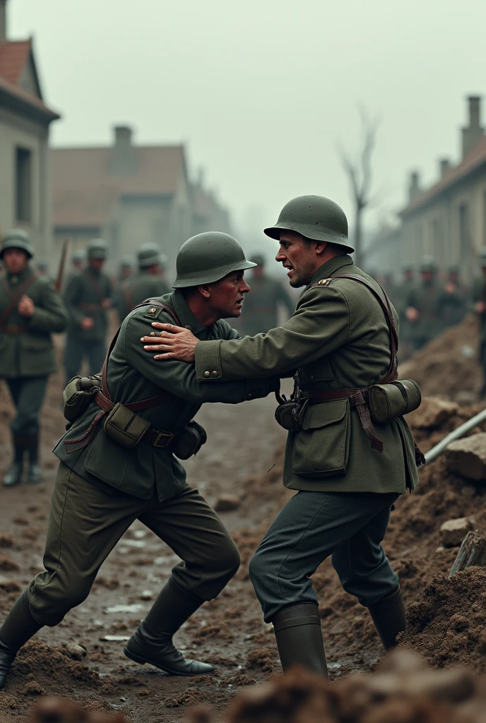a detailed war scene of a battle between french and german soldiers in the no man's land during world war 1, highly detailed gritty and realistic soldiers in intense combat, gritty war torn landscape with barbed wire, craters, destroyed buildings, detailed facial features, dirt, blood and mud, dramatic lighting, cinematic composition, muted color palette, professional digital art, ultra-detailed, 8k, high resolution, photorealistic