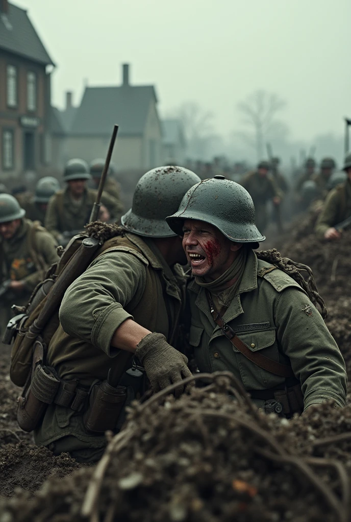 a detailed war scene of a battle between french and german soldiers in the no man's land during world war 1, highly detailed gritty and realistic soldiers in intense combat, gritty war torn landscape with barbed wire, craters, destroyed buildings, detailed facial features, dirt, blood and mud, dramatic lighting, cinematic composition, muted color palette, professional digital art, ultra-detailed, 8k, high resolution, photorealistic