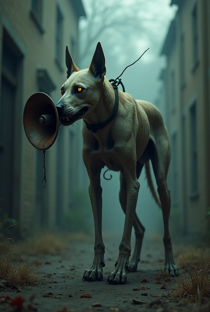 Creepy headless dog with megaphone around its neck 
