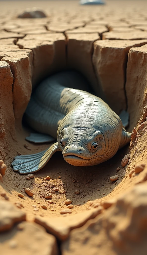 Create an image of a lungfish burrowed into the ground, surviving without wat 4k