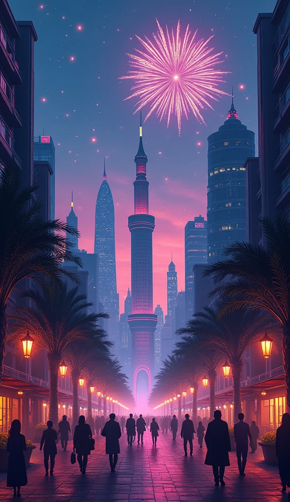 A realistic digital art-style illustration of a ramadan, in the city street, fireworks in illustration of cozy futuristic city with many skyscrapers tower. The illustration is symmetrical. there is sperical building in the city. Neon color mood, moody, melancholic, vibrant color, detailed, akira --ar 16-9 --niji 6