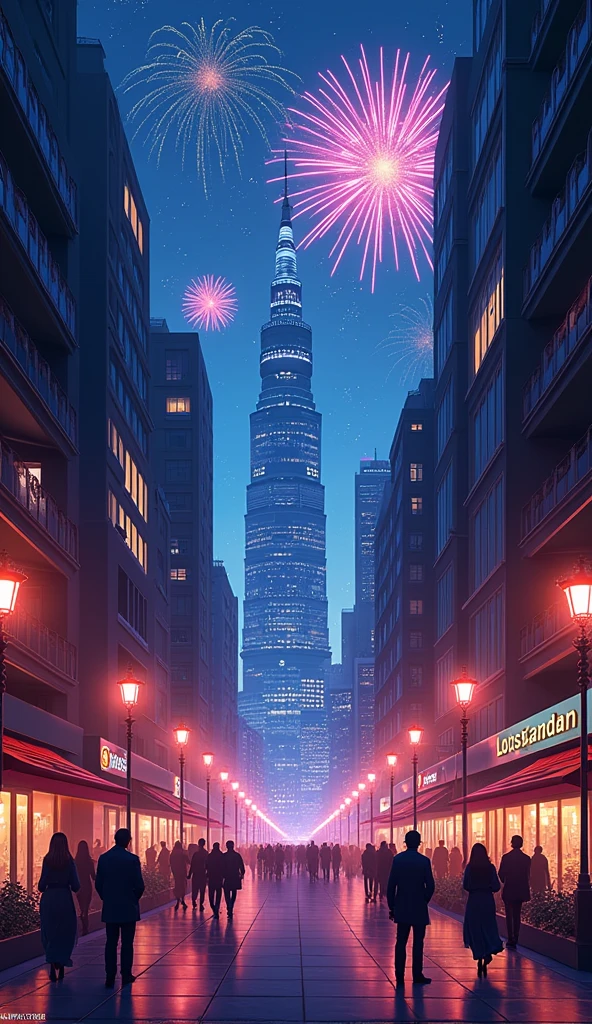 A realistic digital art-style illustration of a ramadan, in the city street, fireworks in illustration of cozy futuristic city with many skyscrapers tower. The illustration is symmetrical. there is sperical building in the city. Neon color mood, moody, melancholic, vibrant color, detailed, akira --ar 16-9 --niji 6